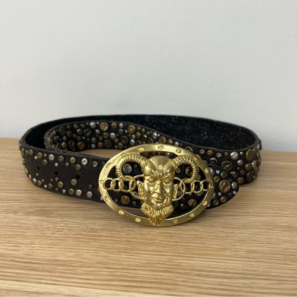 Vintage Lucky Brand Studded Buckle Pendantnt Aries Star Sign Leather Belt